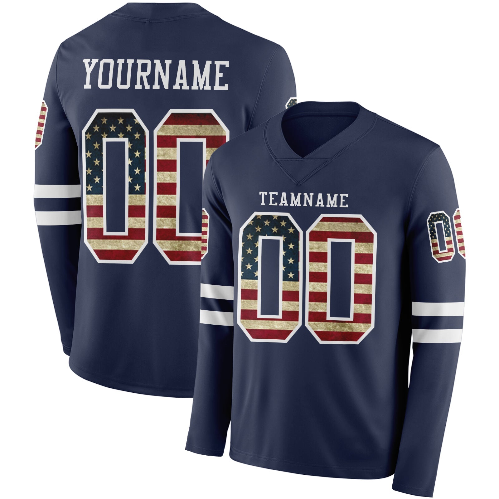Custom Navy Vintage USA Flag-White Long Sleeve Authentic Football Jersey
