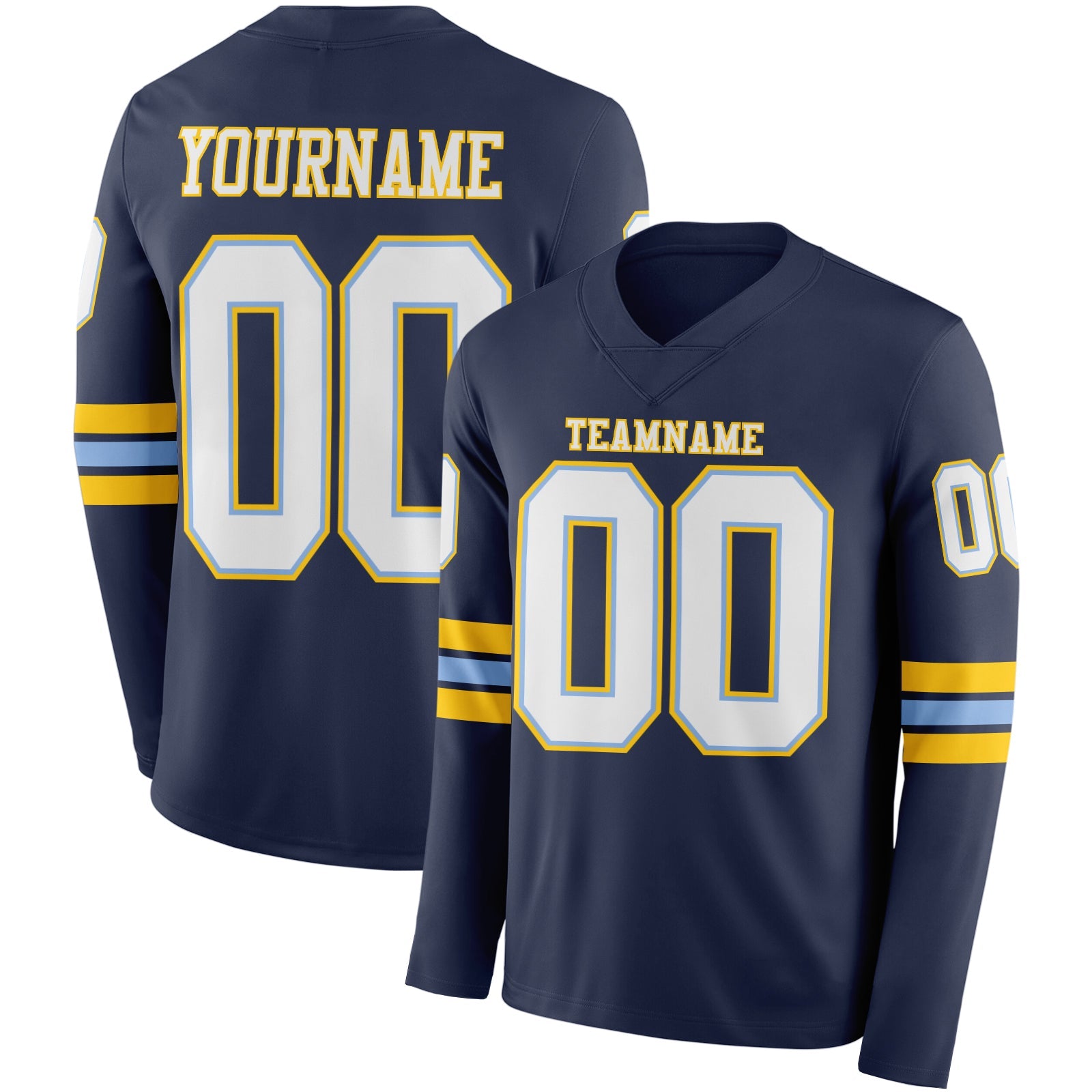 Custom Navy White Light Blue-Yellow Long Sleeve Authentic Football Jersey