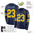 Custom Navy Yellow-Light Blue Long Sleeve Authentic Football Jersey