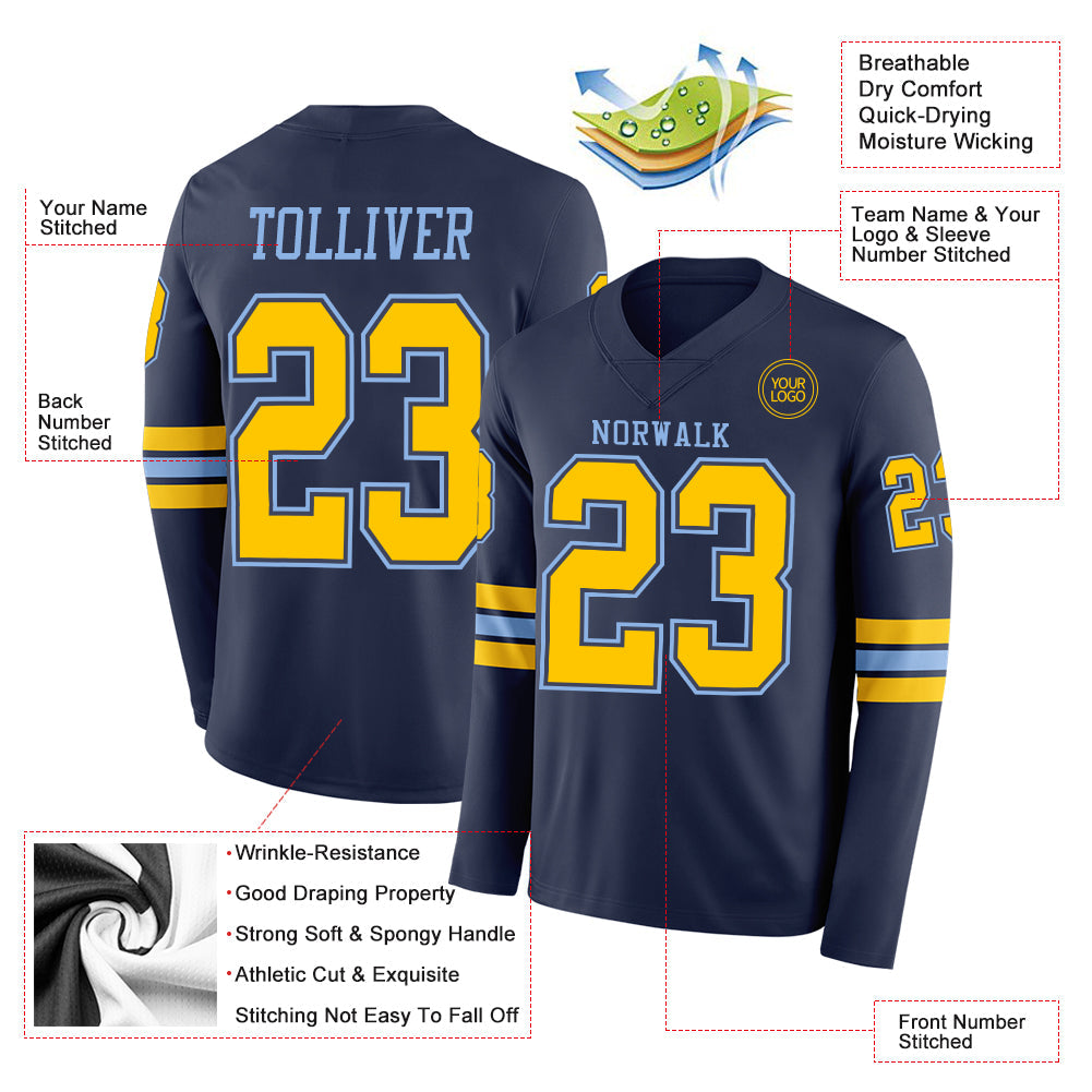 Custom Navy Yellow-Light Blue Long Sleeve Authentic Football Jersey