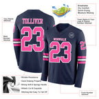 Custom Navy Pink-White Long Sleeve Authentic Football Jersey