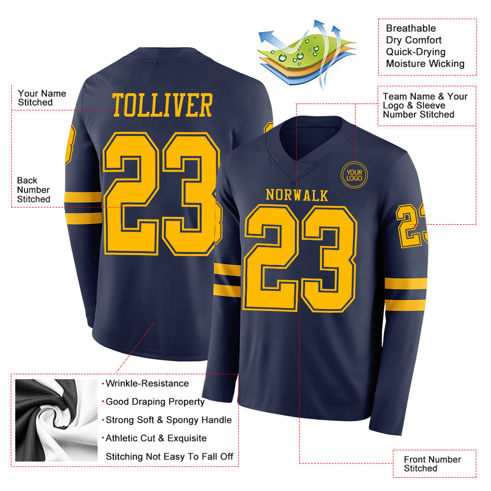 Custom Navy Gold Long Sleeve Authentic Football Jersey