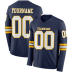 Custom Navy White-Gold Long Sleeve Authentic Football Jersey