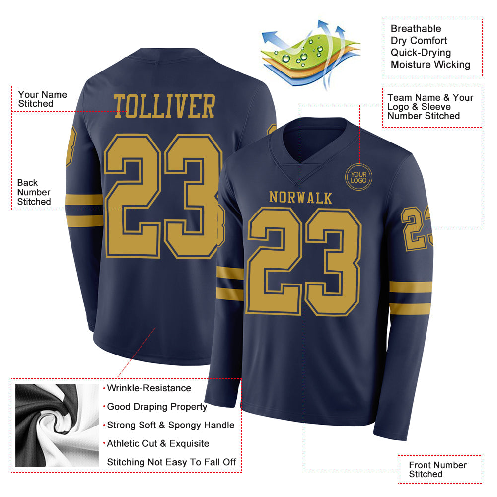 Custom Navy Old Gold Long Sleeve Authentic Football Jersey