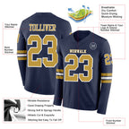 Custom Navy Old Gold-White Long Sleeve Authentic Football Jersey