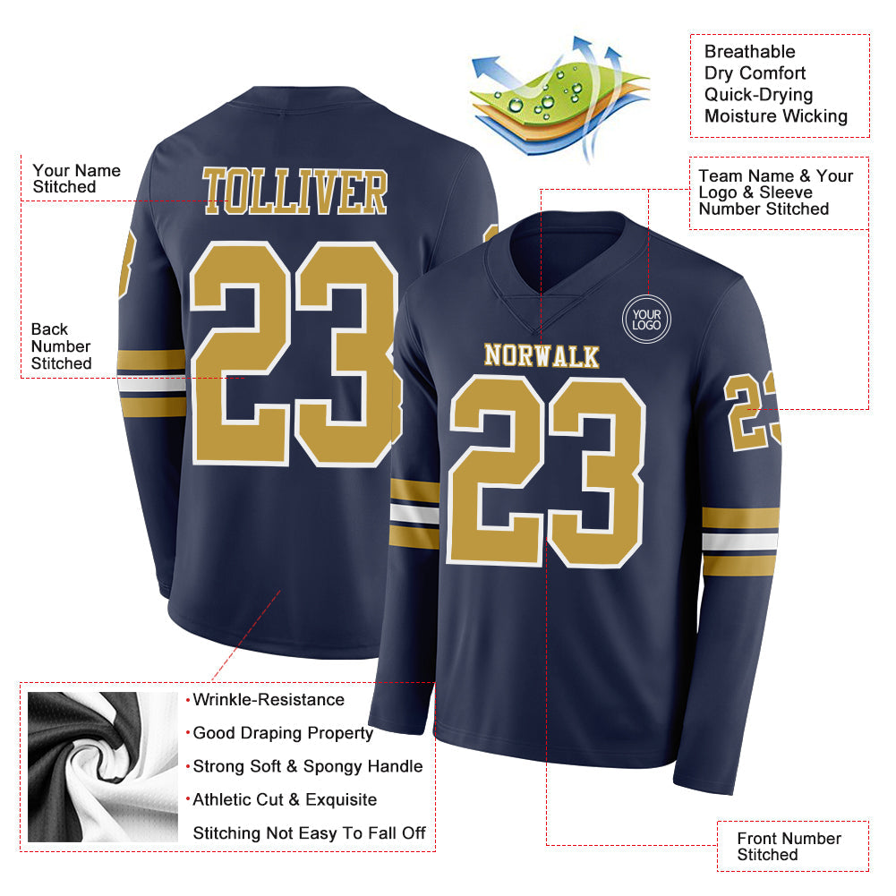 Custom Navy Old Gold-White Long Sleeve Authentic Football Jersey