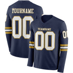 Custom Navy White-Old Gold Long Sleeve Authentic Football Jersey