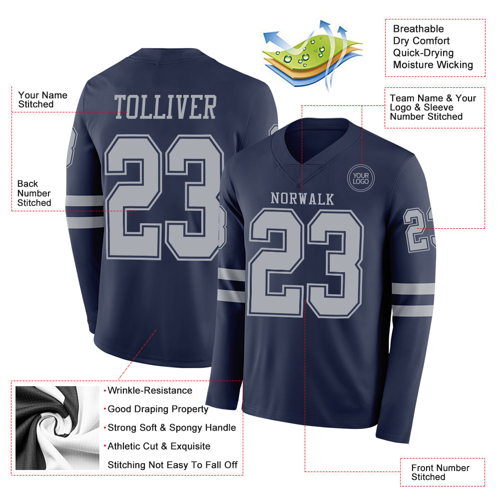 Custom Navy Gray Long Sleeve Authentic Football Jersey