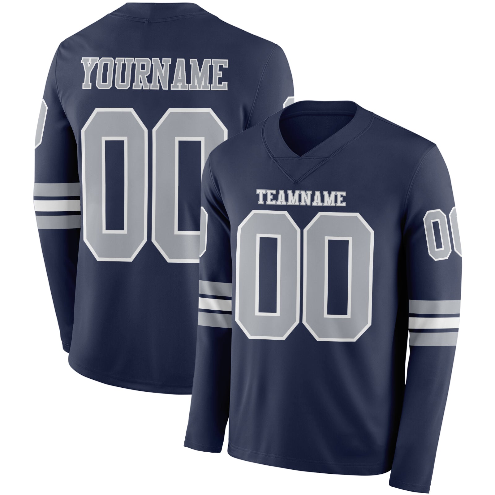 Custom Navy Gray-White Long Sleeve Authentic Football Jersey