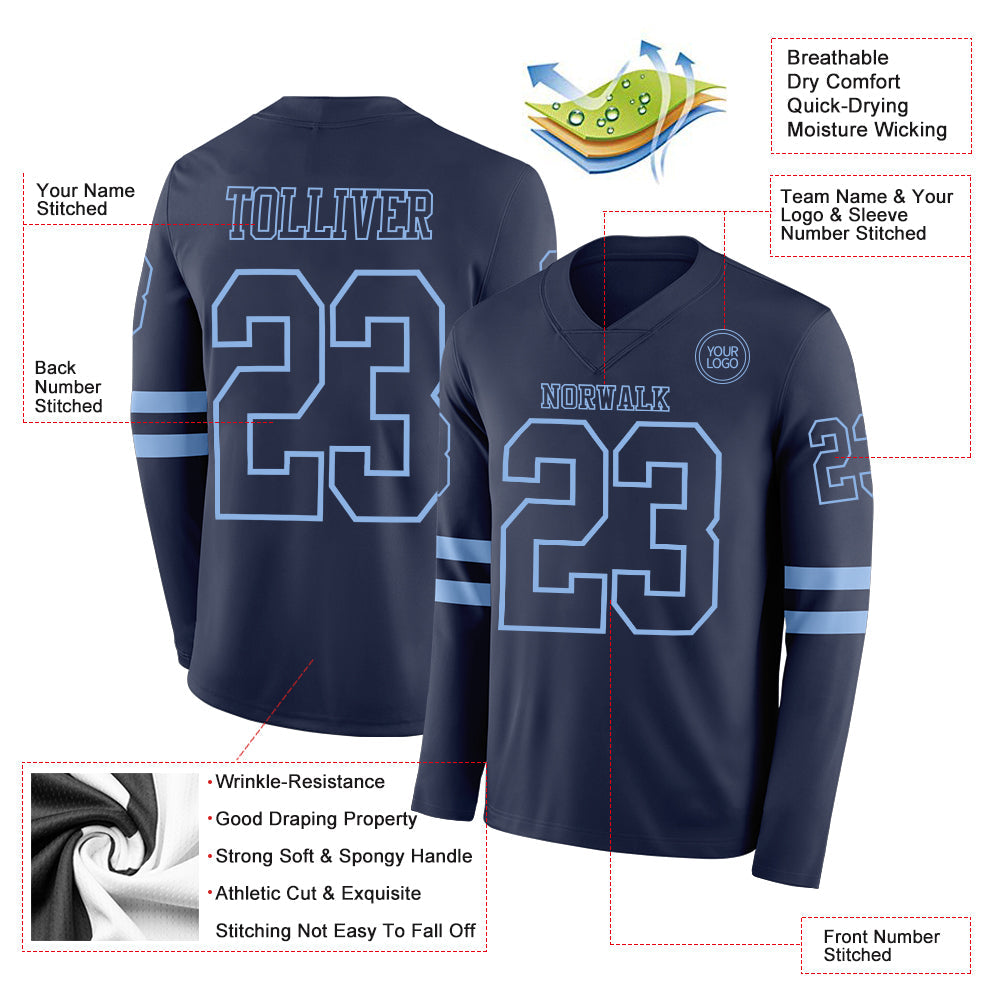 Custom Navy Light Blue Long Sleeve Authentic Football Jersey