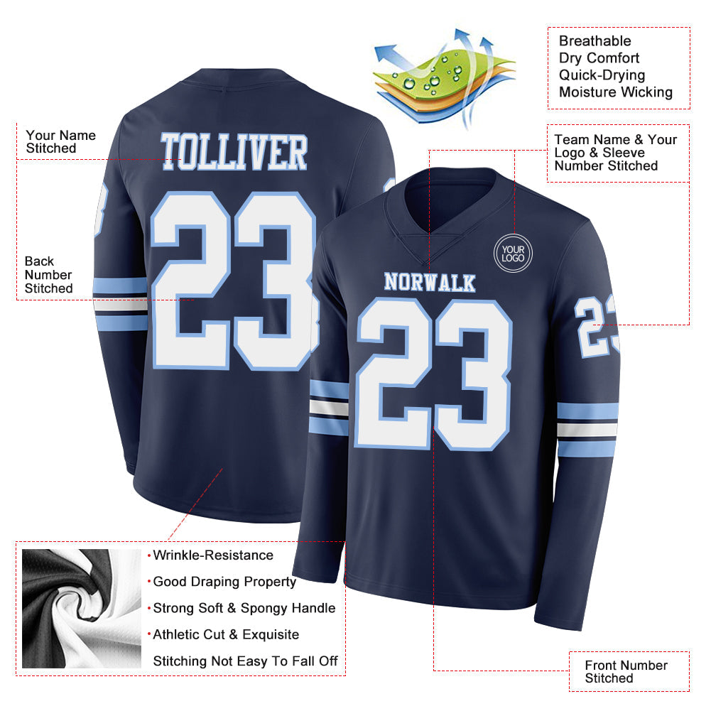 Custom Navy White-Light Blue Long Sleeve Authentic Football Jersey