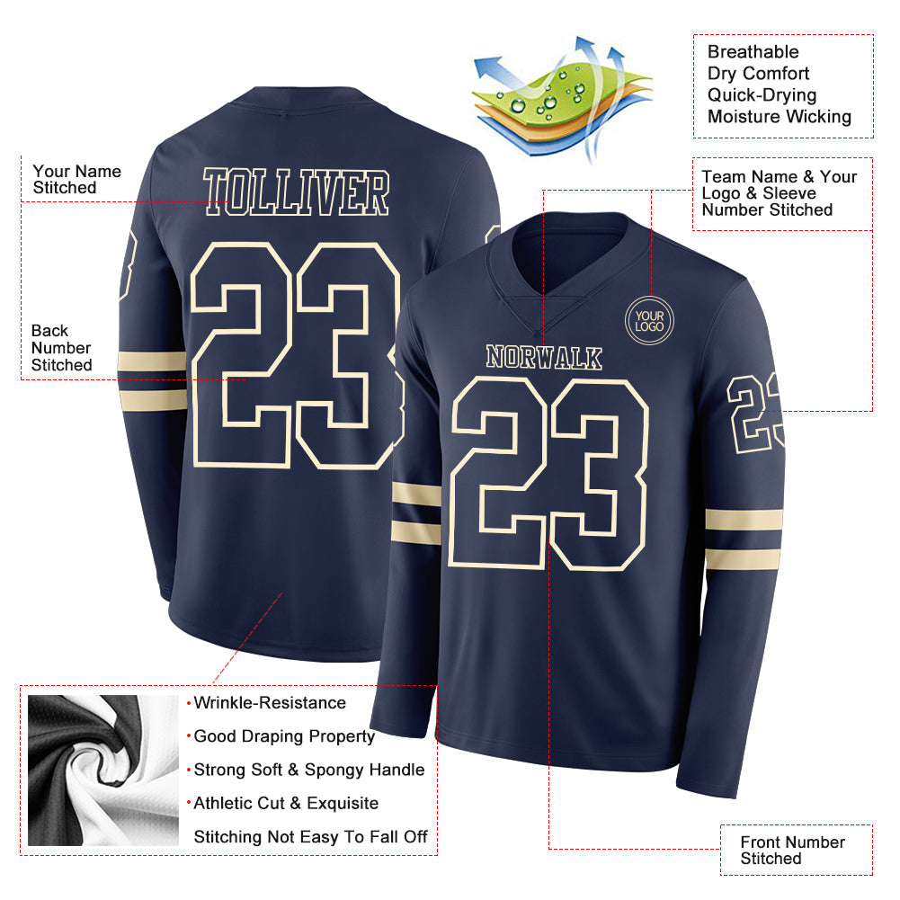 Custom Navy Cream Long Sleeve Authentic Football Jersey