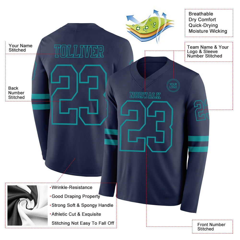 Custom Navy Teal Long Sleeve Authentic Football Jersey