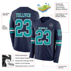 Custom Navy Teal-White Long Sleeve Authentic Football Jersey