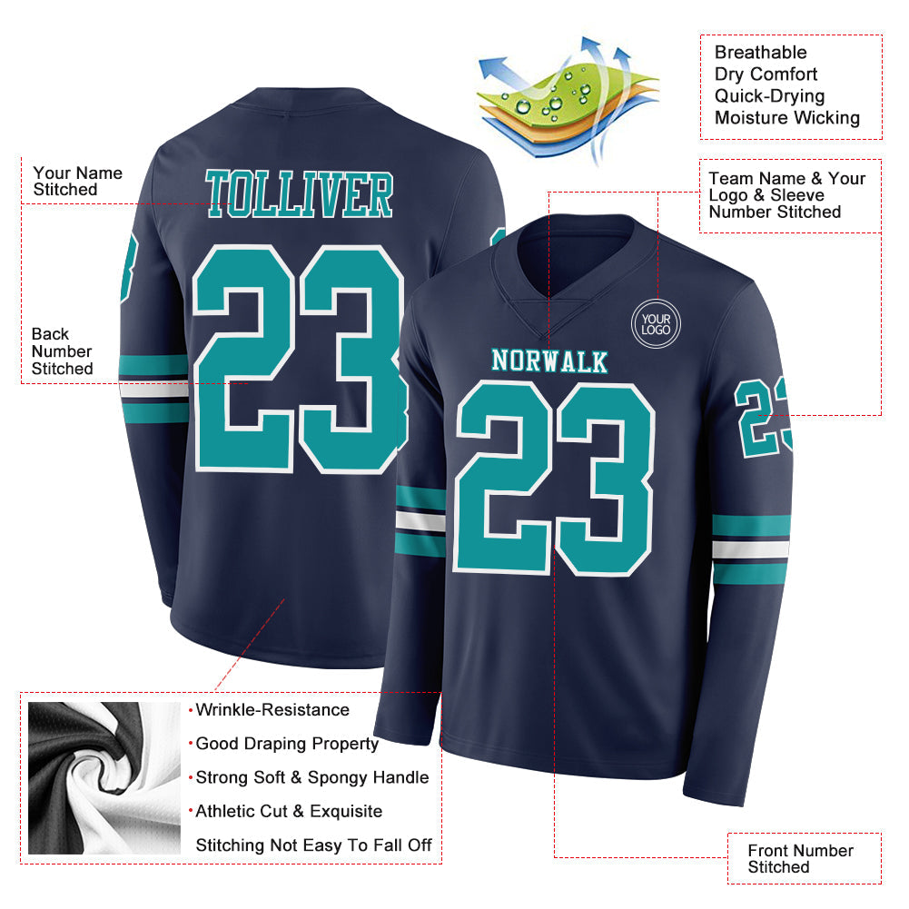 Custom Navy Teal-White Long Sleeve Authentic Football Jersey