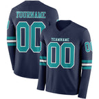 Custom Navy Teal-White Long Sleeve Authentic Football Jersey