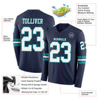 Custom Navy White-Teal Long Sleeve Authentic Football Jersey
