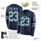 Custom Navy Gray-Teal Long Sleeve Authentic Football Jersey