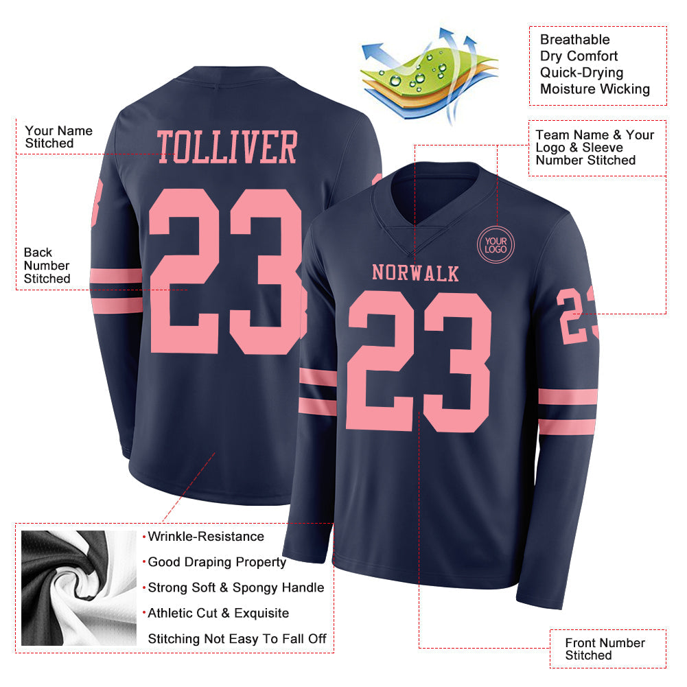 Custom Navy Medium Pink Long Sleeve Authentic Football Jersey
