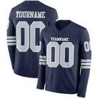 Custom Navy Silver-White Long Sleeve Authentic Football Jersey