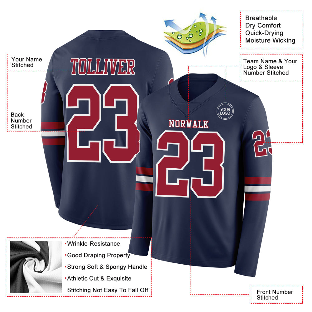 Custom Navy Cardinal-White Long Sleeve Authentic Football Jersey
