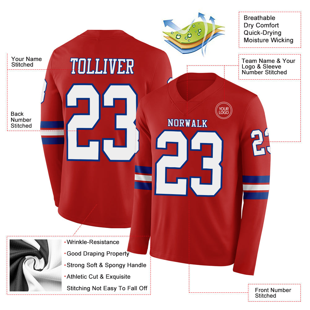 Custom Red White-Royal Long Sleeve Authentic Football Jersey