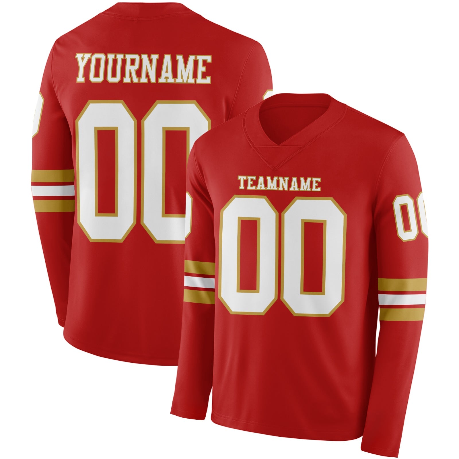 Custom Red White-Old Gold Long Sleeve Authentic Football Jersey