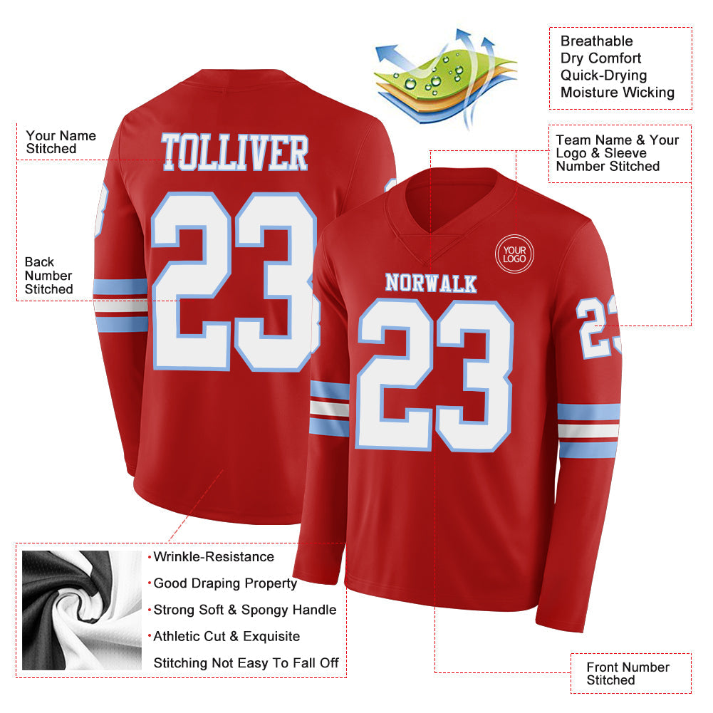 Custom Red White-Light Blue Long Sleeve Authentic Football Jersey