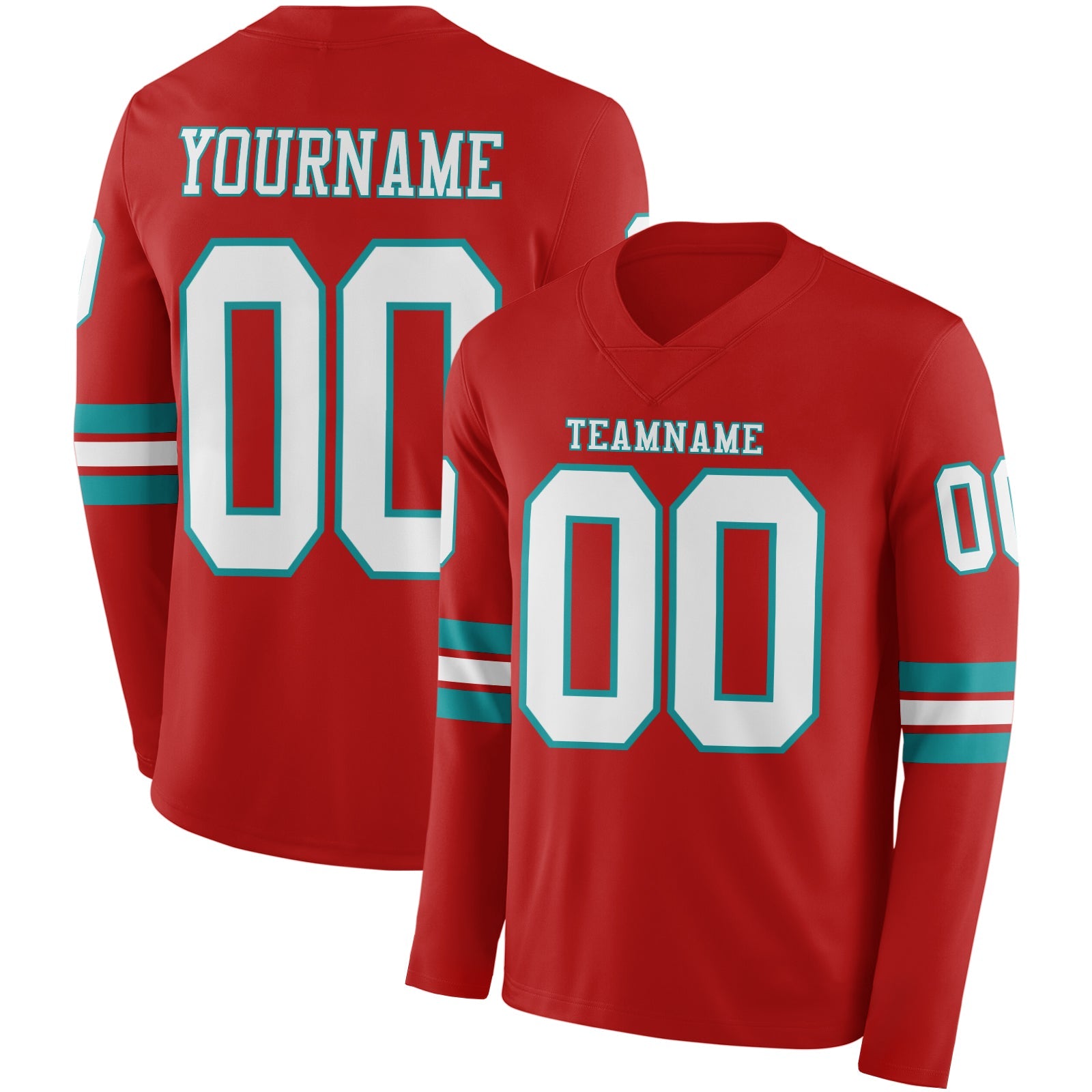 Custom Red White-Teal Long Sleeve Authentic Football Jersey
