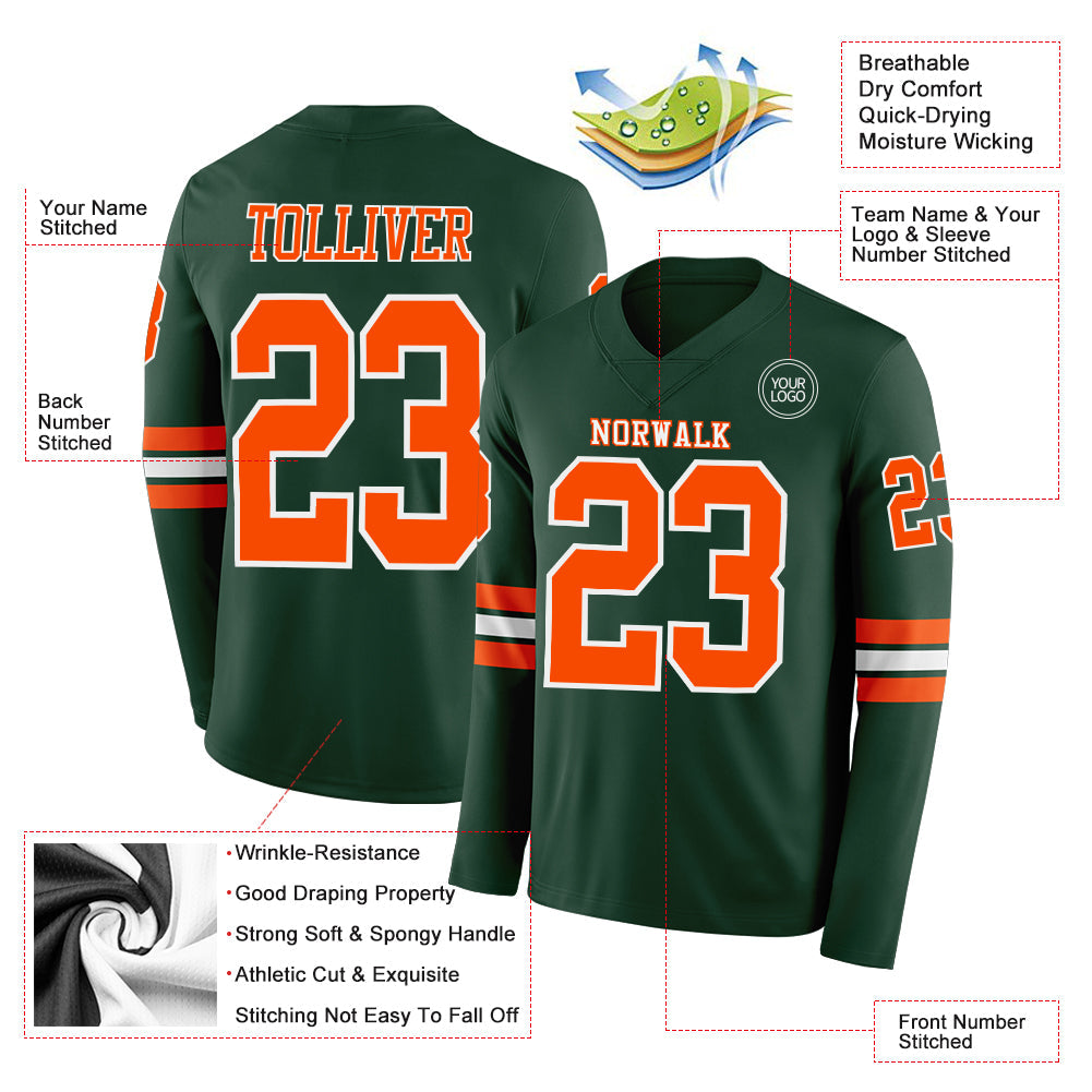 Custom Green Orange-White Long Sleeve Authentic Football Jersey