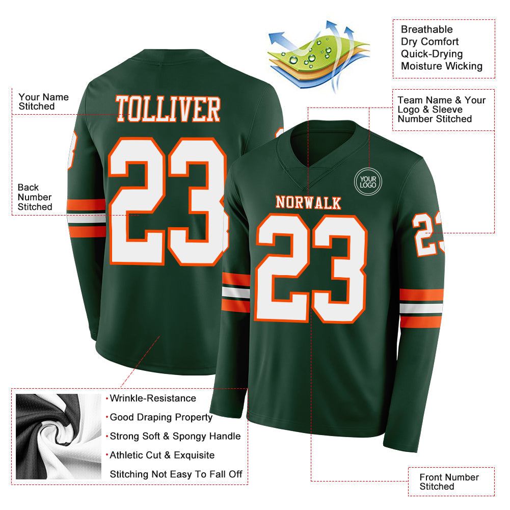 Custom Green White-Orange Long Sleeve Authentic Football Jersey