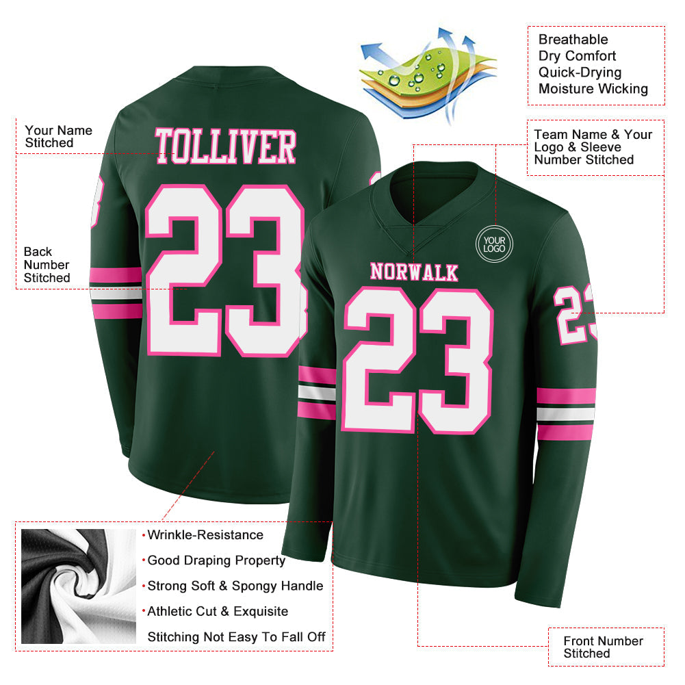 Custom Green White-Pink Long Sleeve Authentic Football Jersey