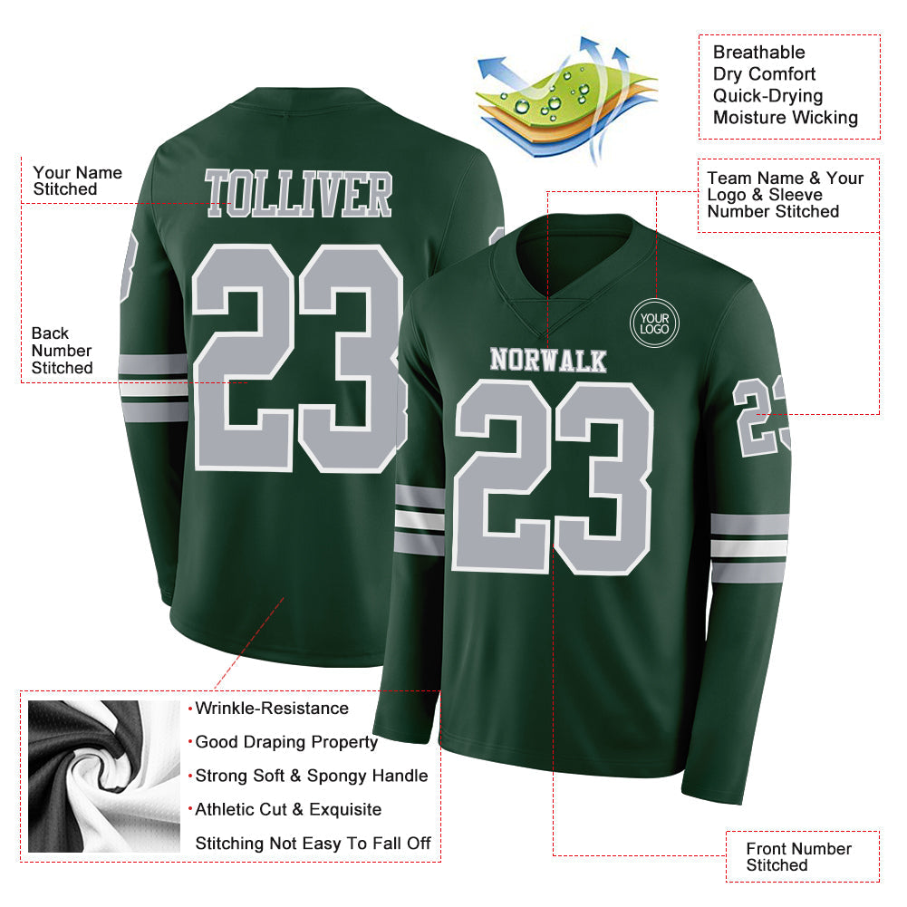 Custom Green Gray-White Long Sleeve Authentic Football Jersey