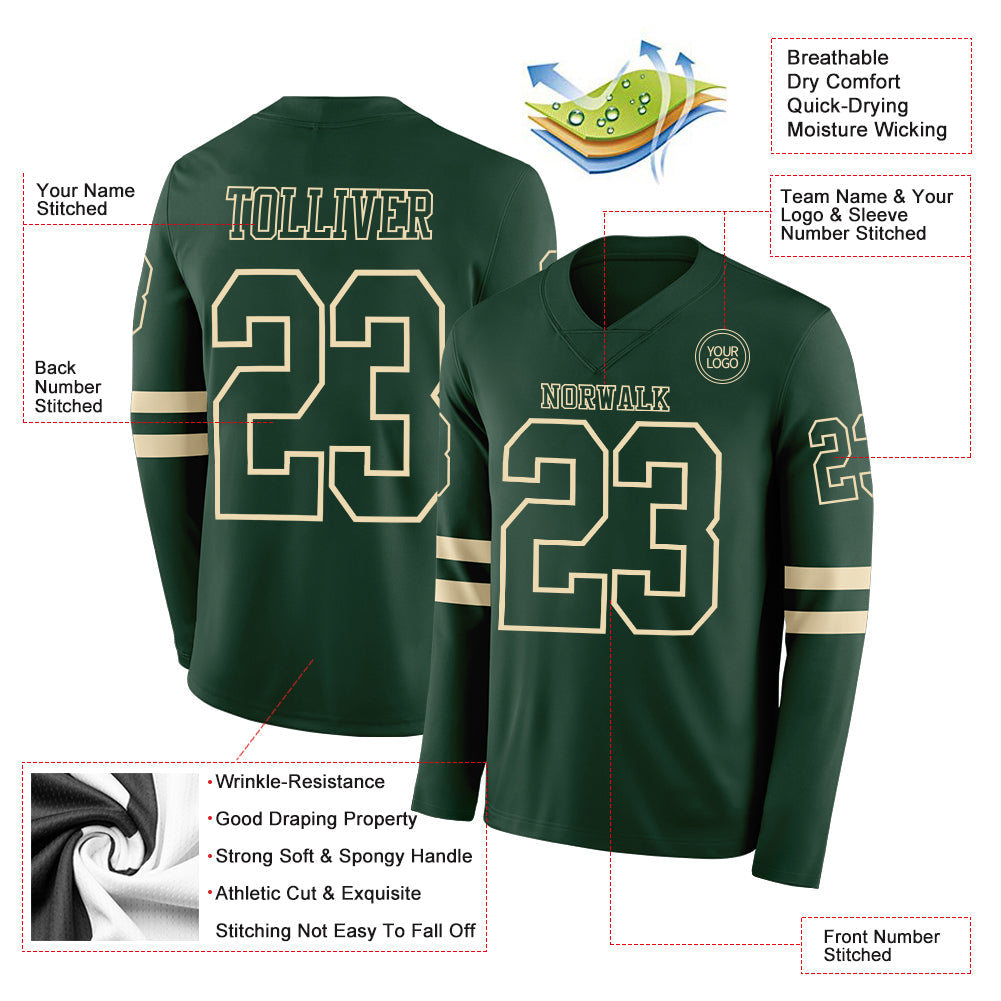 Custom Green Cream Long Sleeve Authentic Football Jersey
