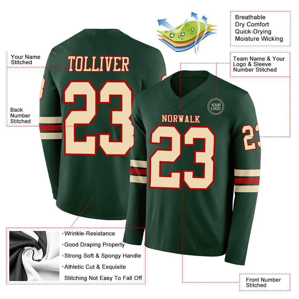 Custom Green Cream-Red Long Sleeve Authentic Football Jersey