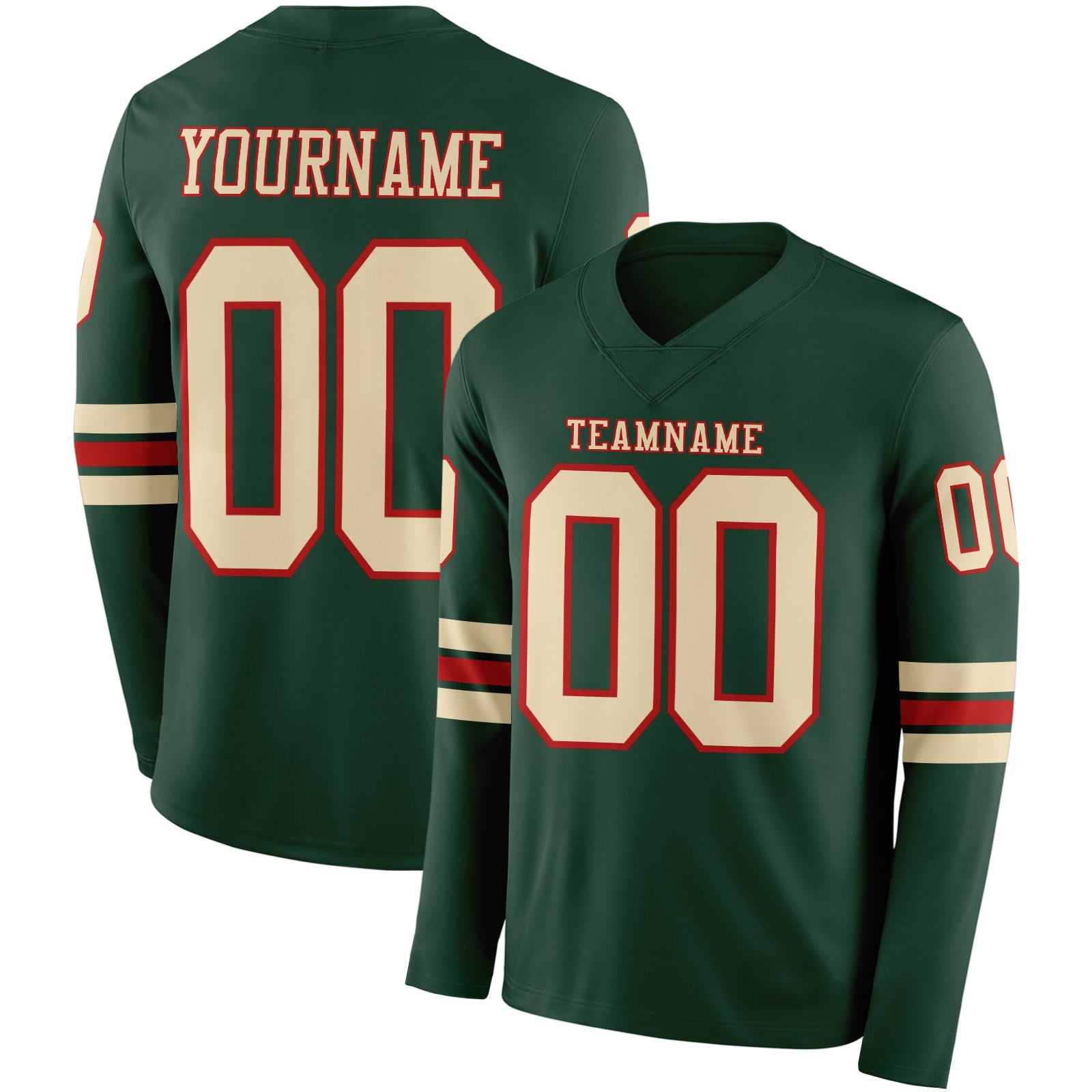 Custom Green Cream-Red Long Sleeve Authentic Football Jersey