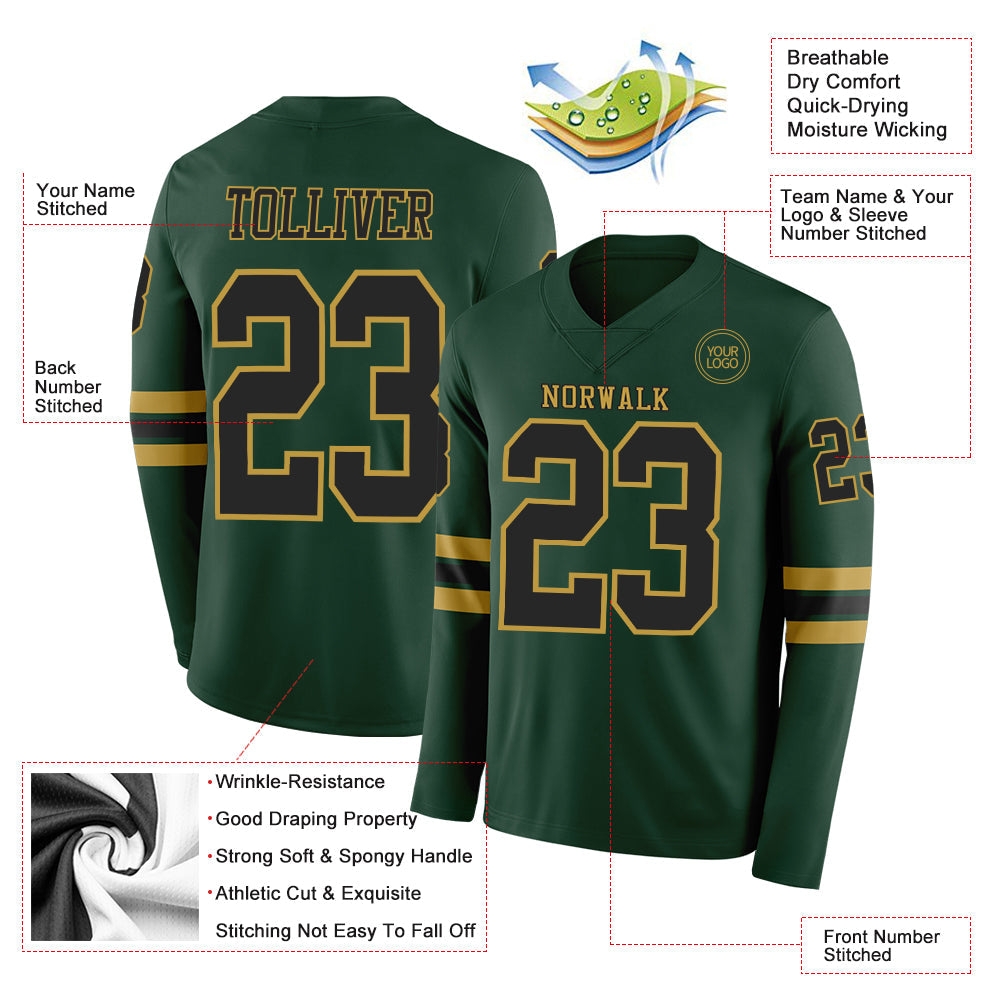 Custom Green Black-Old Gold Long Sleeve Authentic Football Jersey