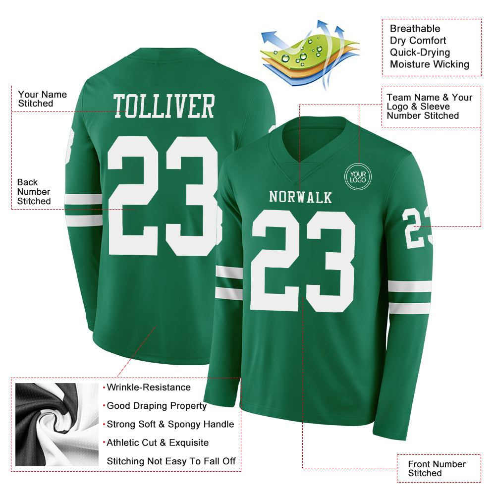 Custom Kelly Green White Long Sleeve Authentic Football Jersey