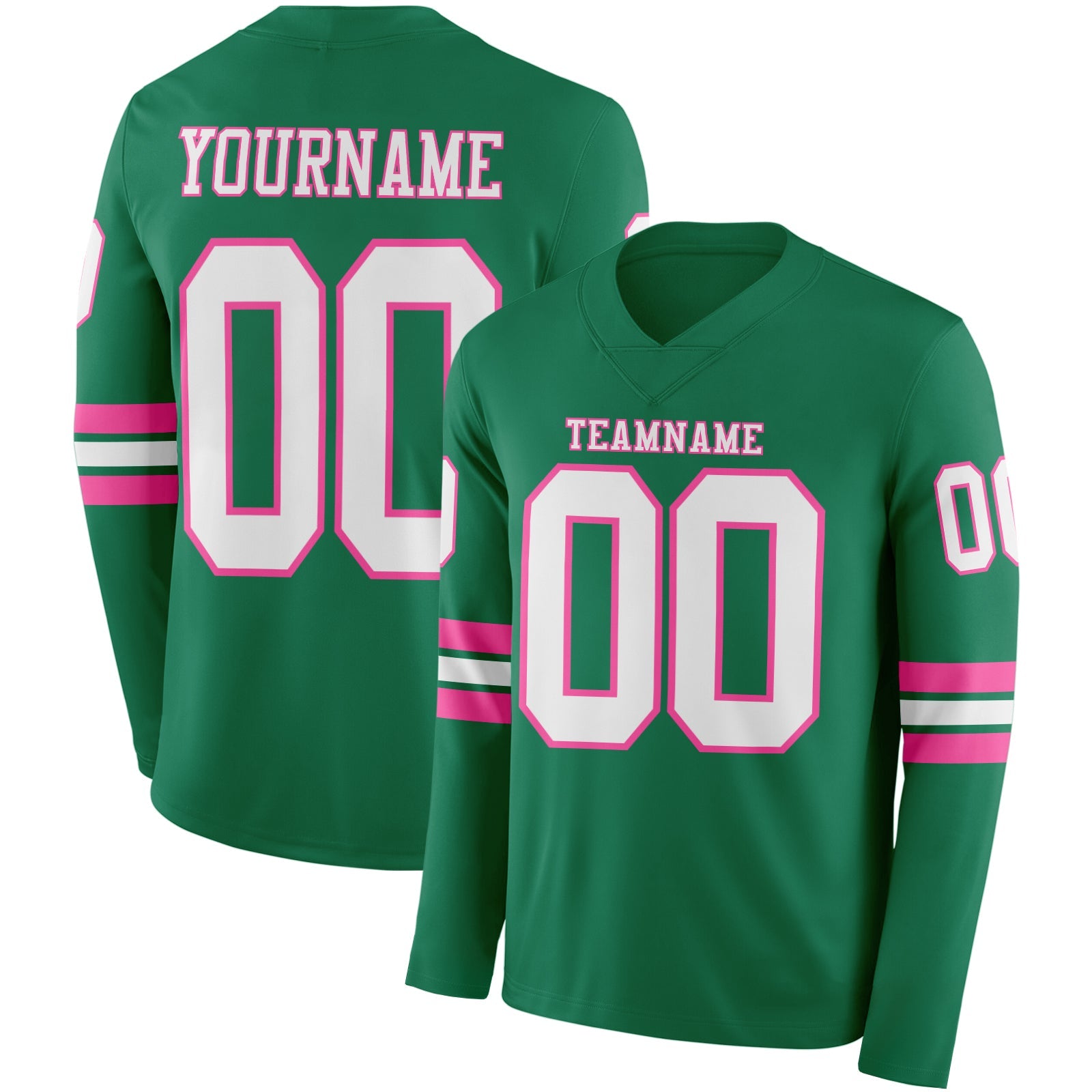Custom Kelly Green White-Pink Long Sleeve Authentic Football Jersey