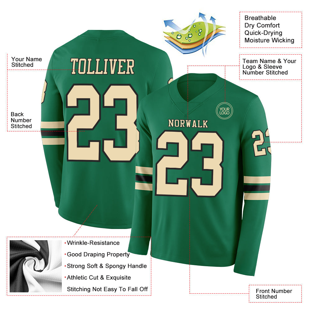 Custom Kelly Green Cream-Black Long Sleeve Authentic Football Jersey