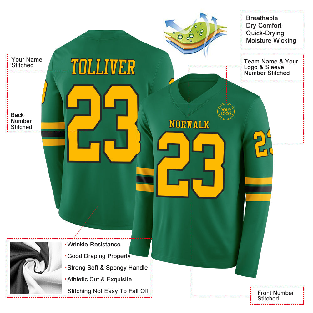 Custom Kelly Green Gold-Black Long Sleeve Authentic Football Jersey