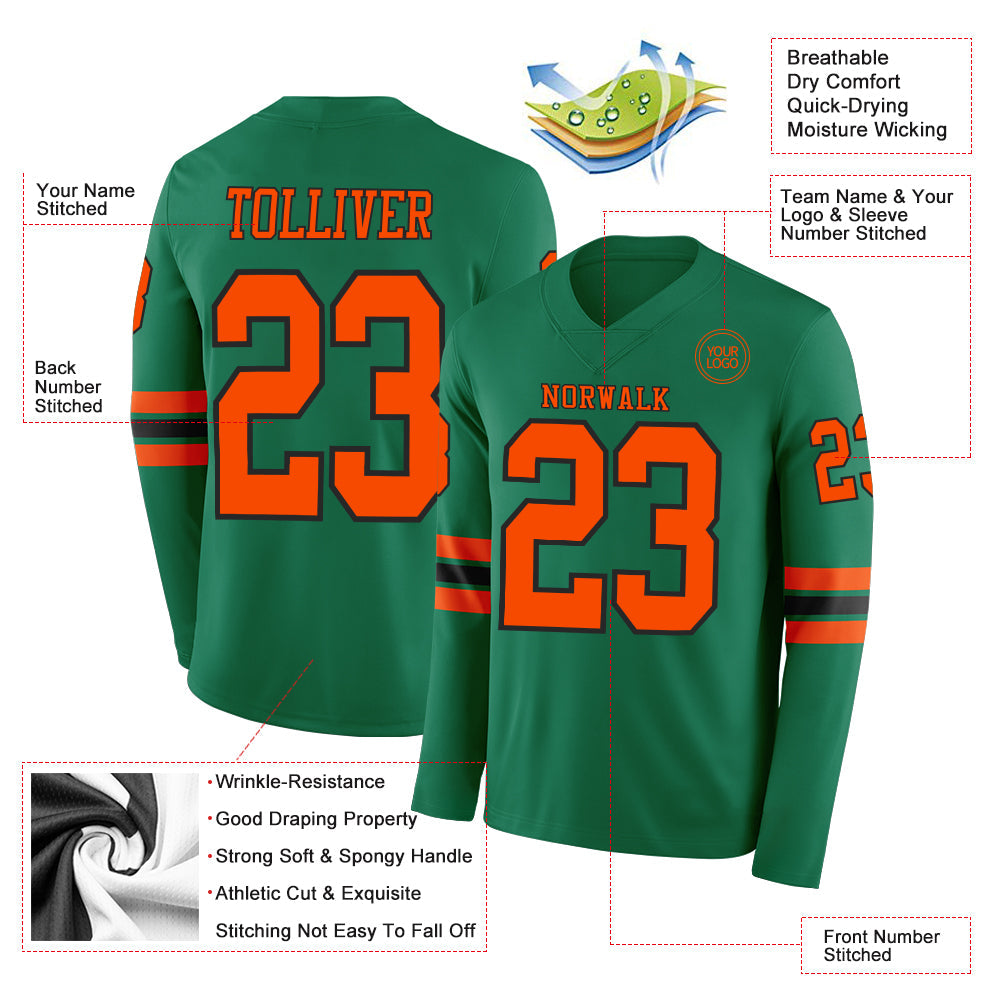 Custom Kelly Green Orange-Black Long Sleeve Authentic Football Jersey