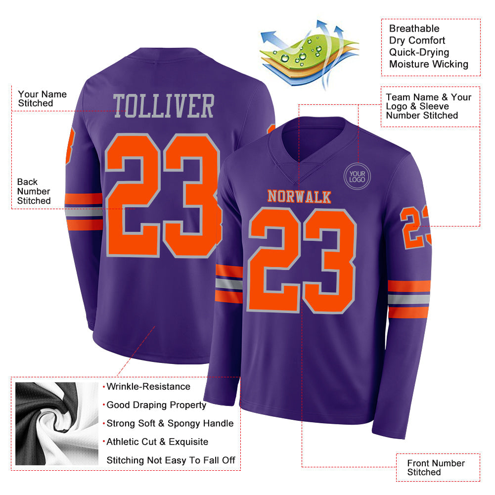 Custom Purple Orange-Gray Long Sleeve Authentic Football Jersey