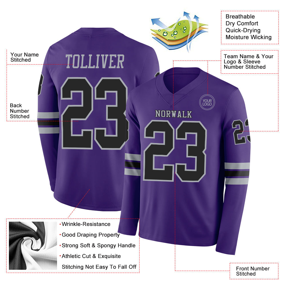 Custom Purple Black-Gray Long Sleeve Authentic Football Jersey