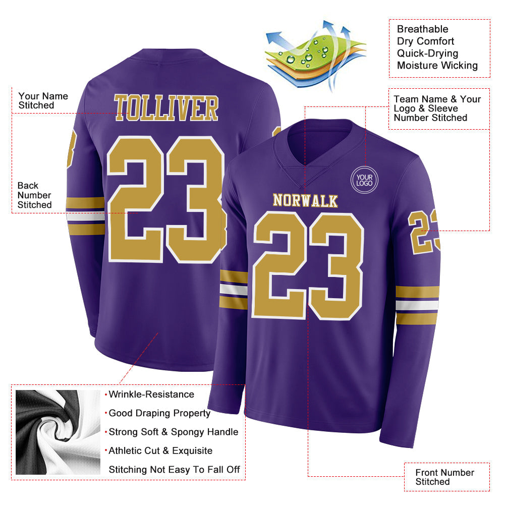 Custom Purple Old Gold-White Long Sleeve Authentic Football Jersey