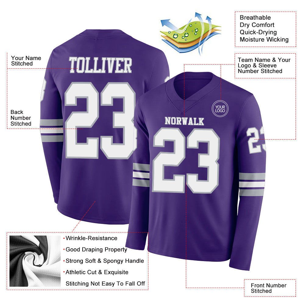 Custom Purple White-Gray Long Sleeve Authentic Football Jersey