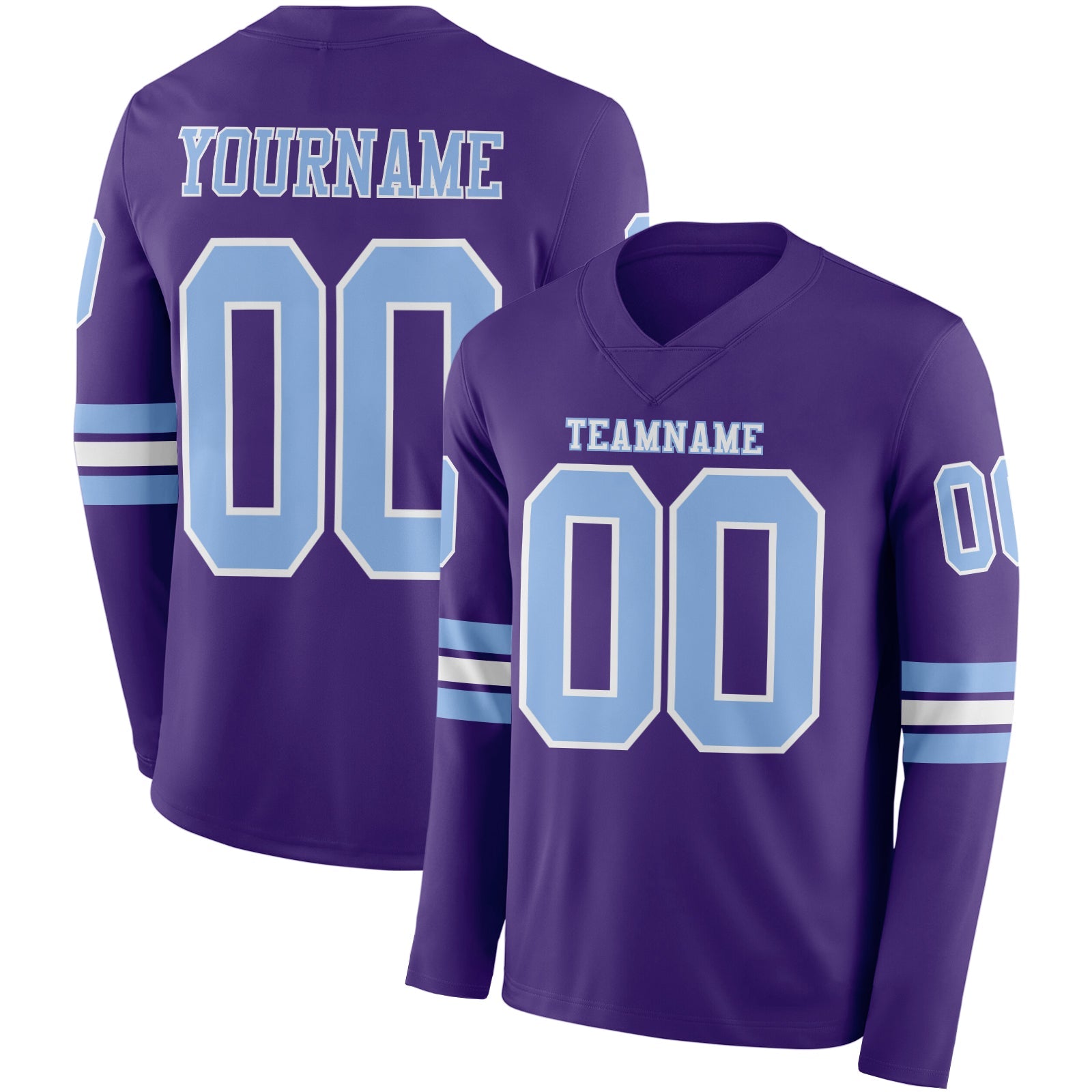 Custom Purple Light Blue-White Long Sleeve Authentic Football Jersey