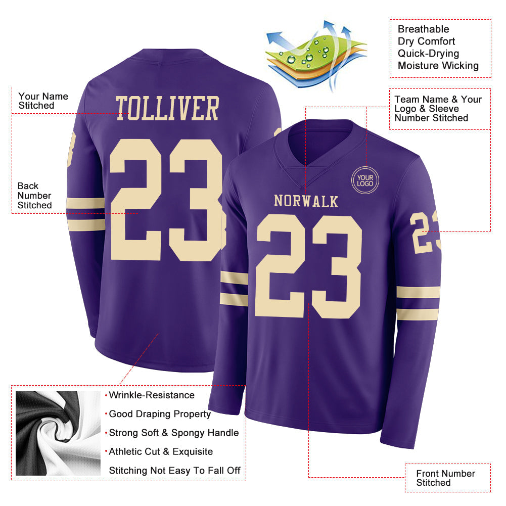 Custom Purple Cream Long Sleeve Authentic Football Jersey