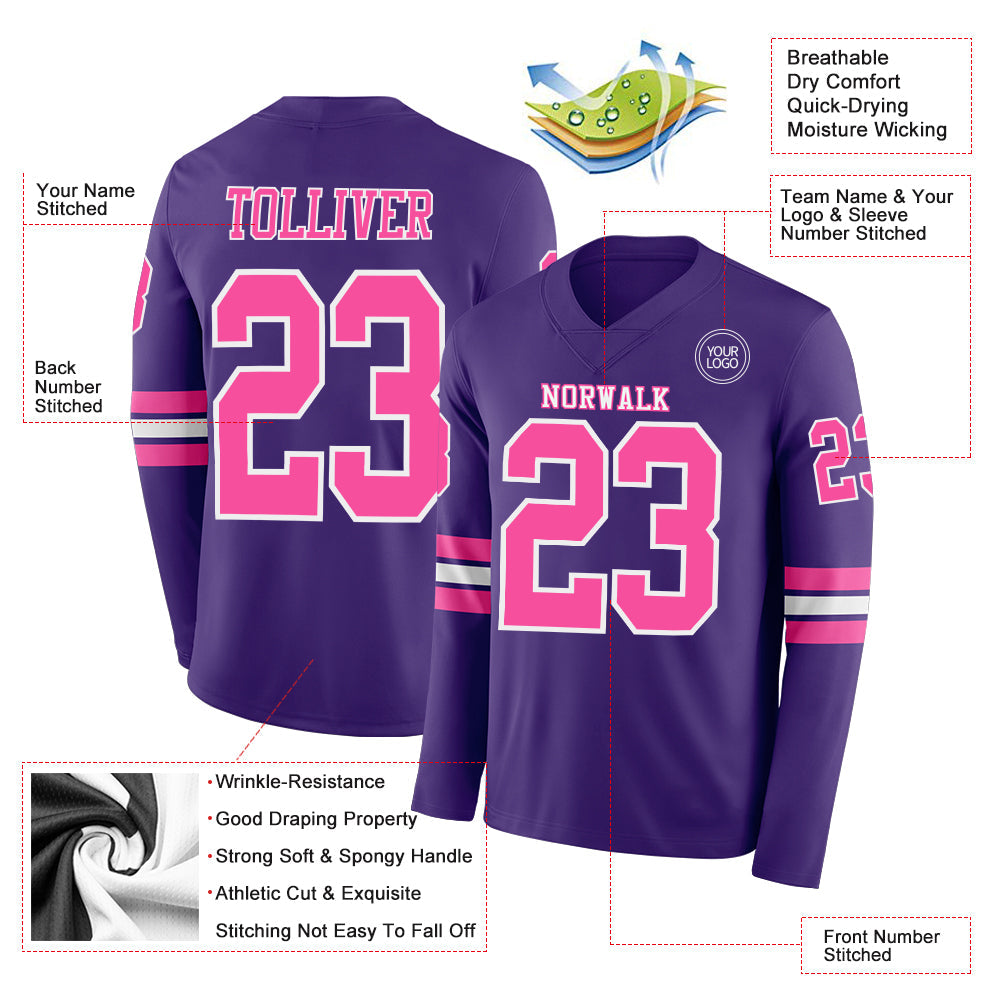 Custom Purple Pink-White Long Sleeve Authentic Football Jersey