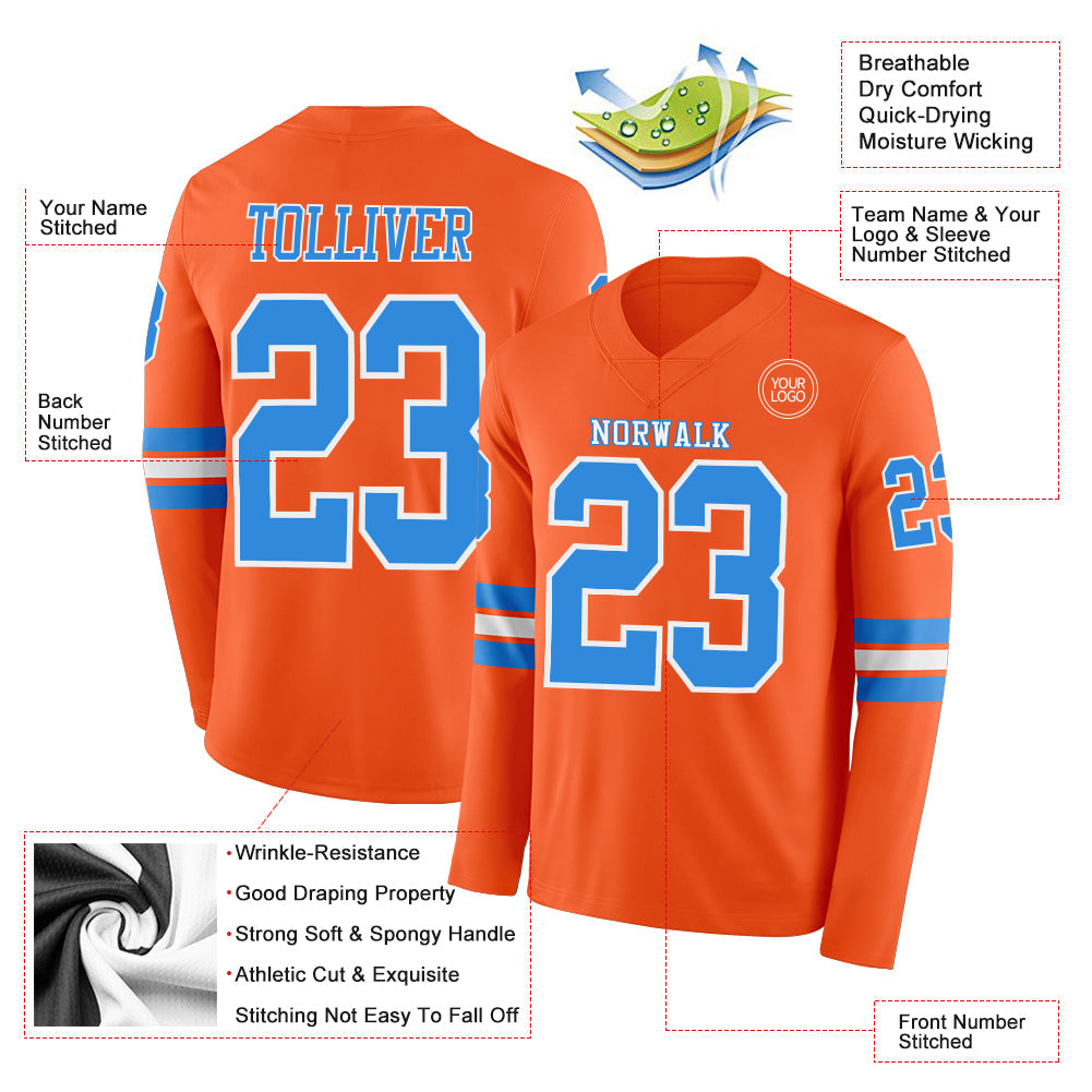 Custom Orange Powder Blue-White Long Sleeve Authentic Football Jersey